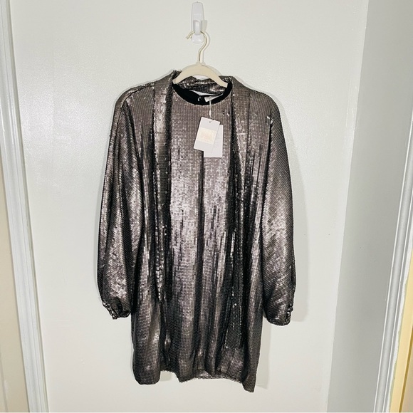 NWT Anine Bing Angie Sequin Belted Mini Dress Antique Silver Metallic Cocktail - Picture 2 of 10